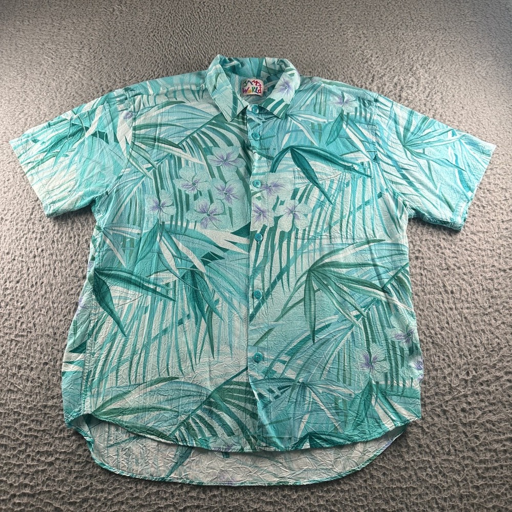 Vtg Jams World Shirt Mens L Turquoise Hawaiian Aloha Floral Rayon Button Down